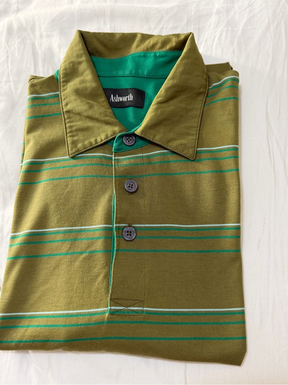 Ashworth Olive Green Stripe Polo Shirt Luxury cotton